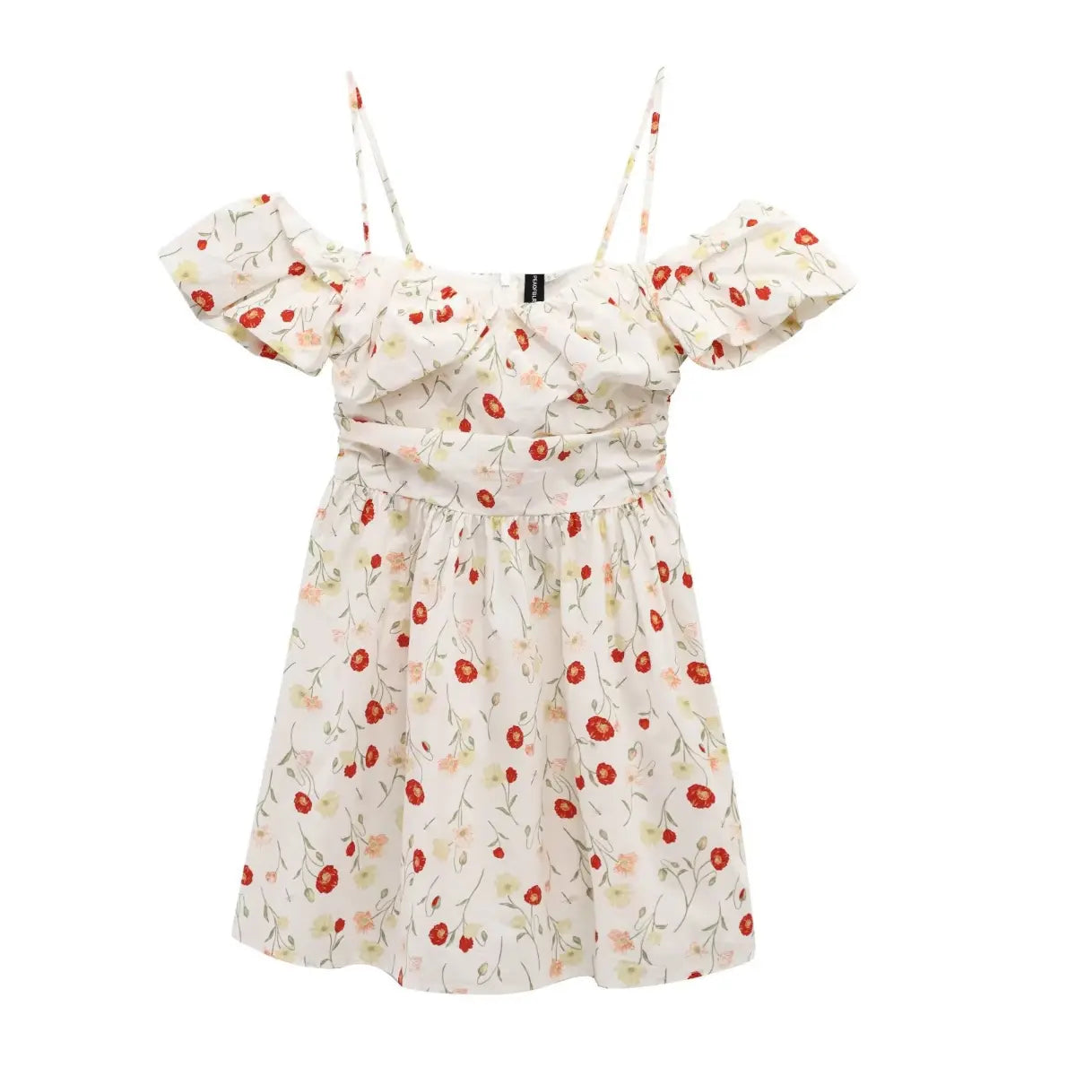 Flat-lay view of a white poppy-print off-shoulder mini dress, showing the full design and spaghetti straps.