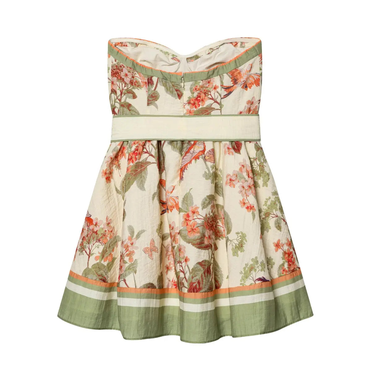 Full back flat lay of vintage botanical print tube dress, back zipper closure and color-block green striped hem flare skirt.