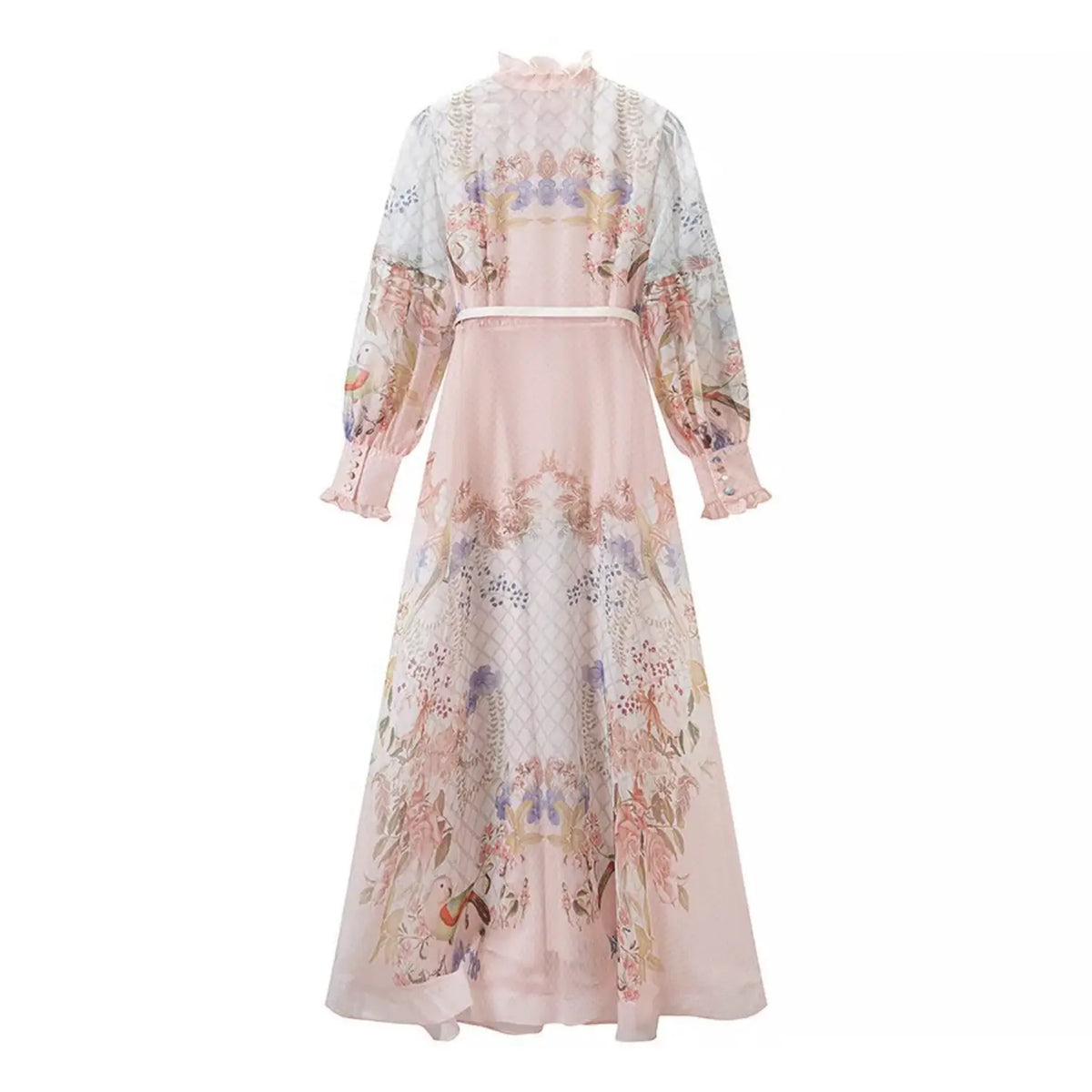 Back view of floral bird print chiffon maxi dress, vintage botanical and bird pattern, fitted waist with self belt