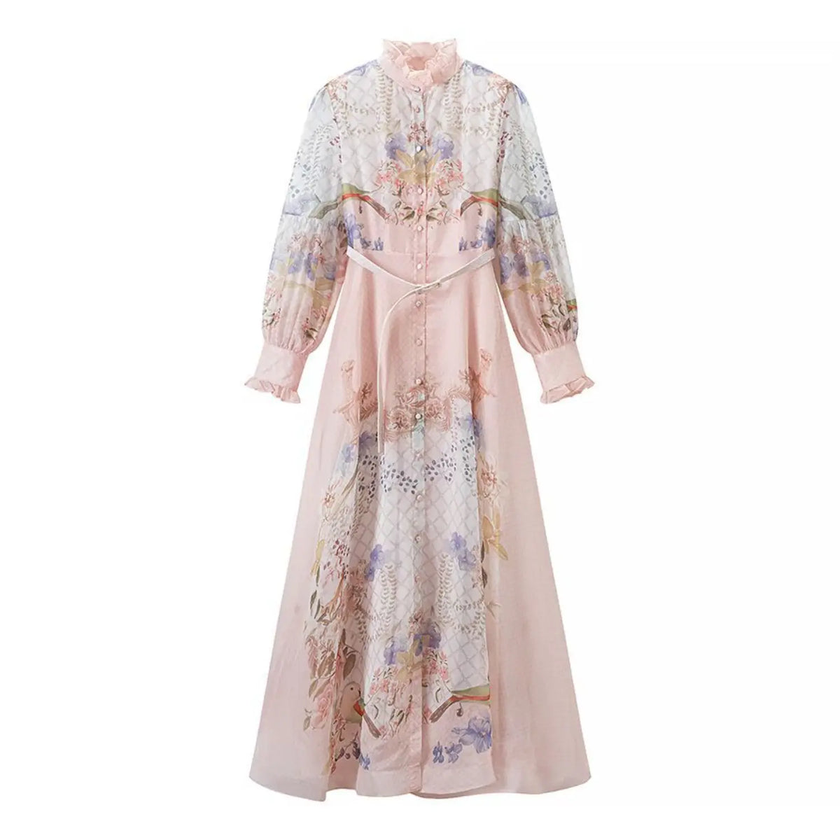 Front view of floral bird print chiffon maxi dress, ruffle stand collar, long balloon sleeves, matching waist belt, flowy long hem