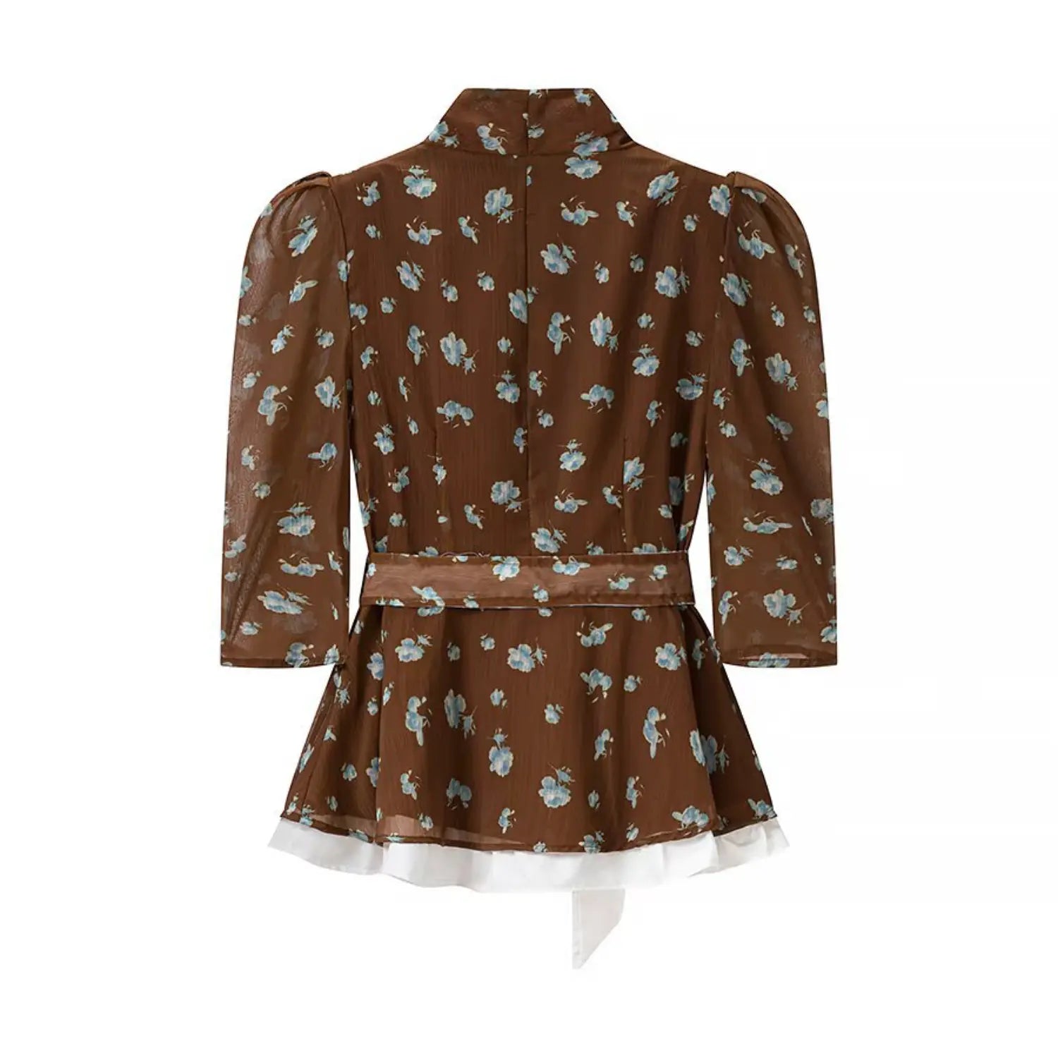 Blouse back flat view, solid back panel, allover scattered light blue flower print, matching fabric waist tie