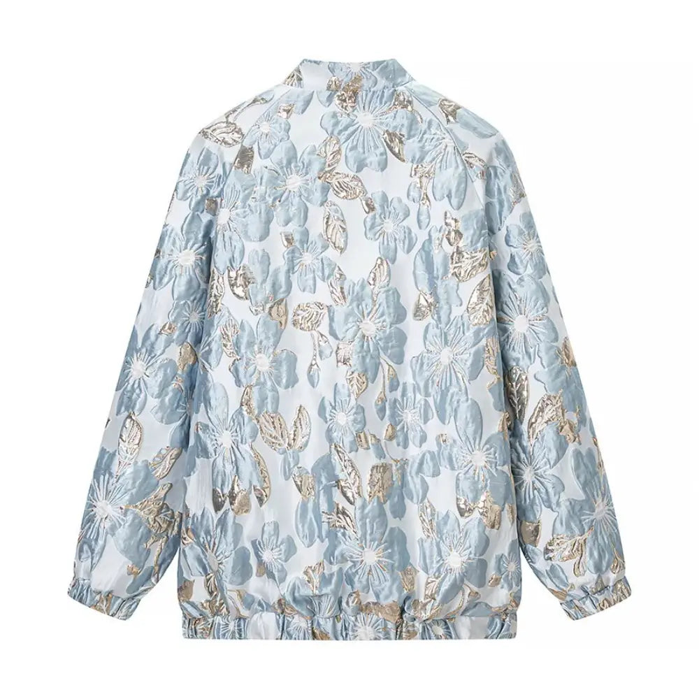 Light blue gold floral brocade zip front bomber jacket, back flat lay