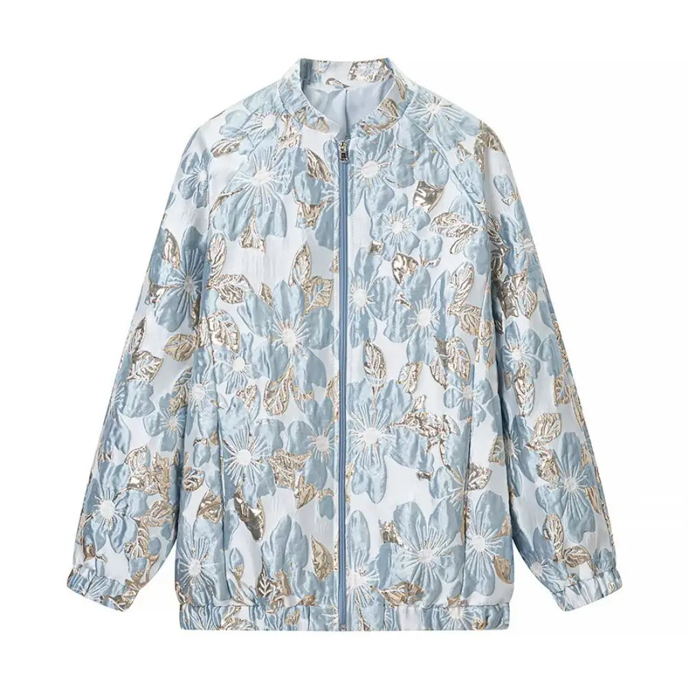 Light blue gold floral brocade zip front bomber jacket, front flat lay