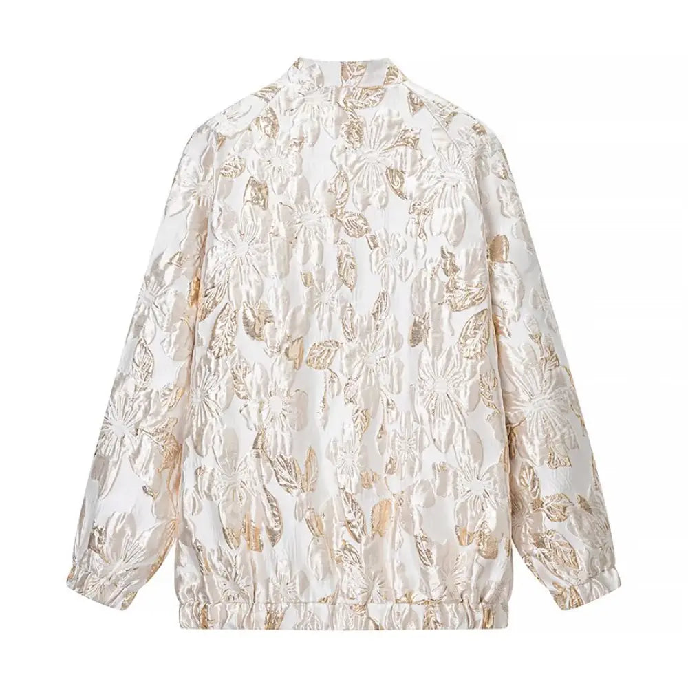 Cream gold floral brocade zip front bomber jacket, back flat lay