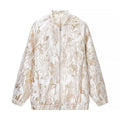 Cream gold floral brocade zip front bomber jacket, front flat lay