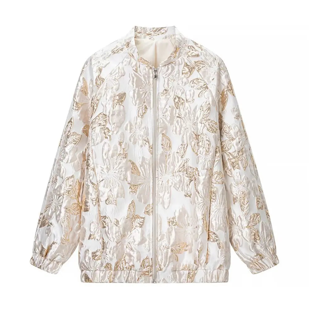 Cream gold floral brocade zip front bomber jacket, front flat lay
