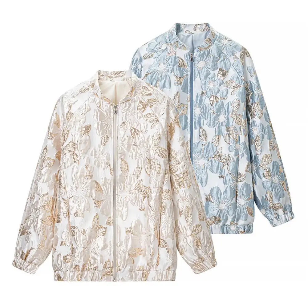 Cream and light blue floral brocade zip front bomber jackets side by side