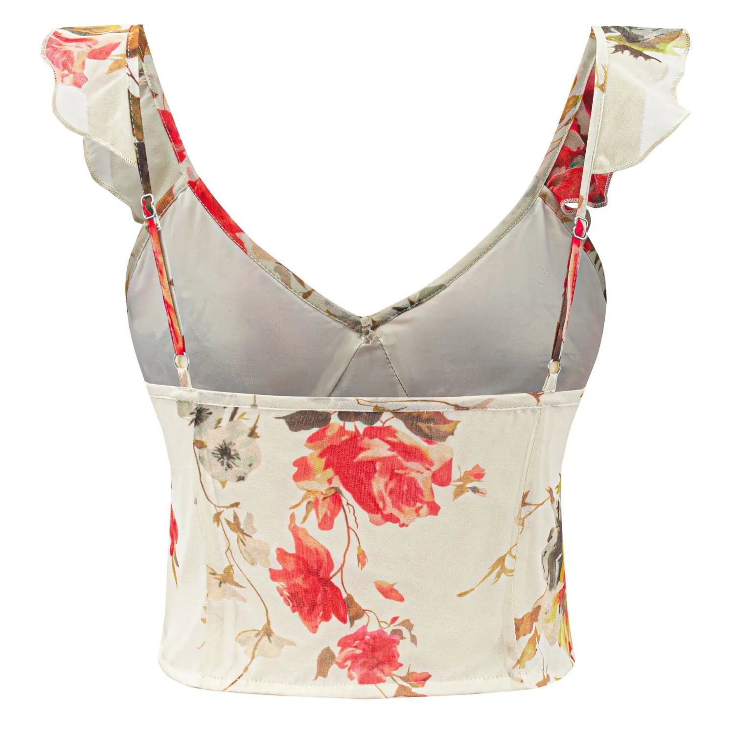 Floral cami full back flat shot, adjustable thin straps built-in fixed bust cups back darts shaping complete silhouette display