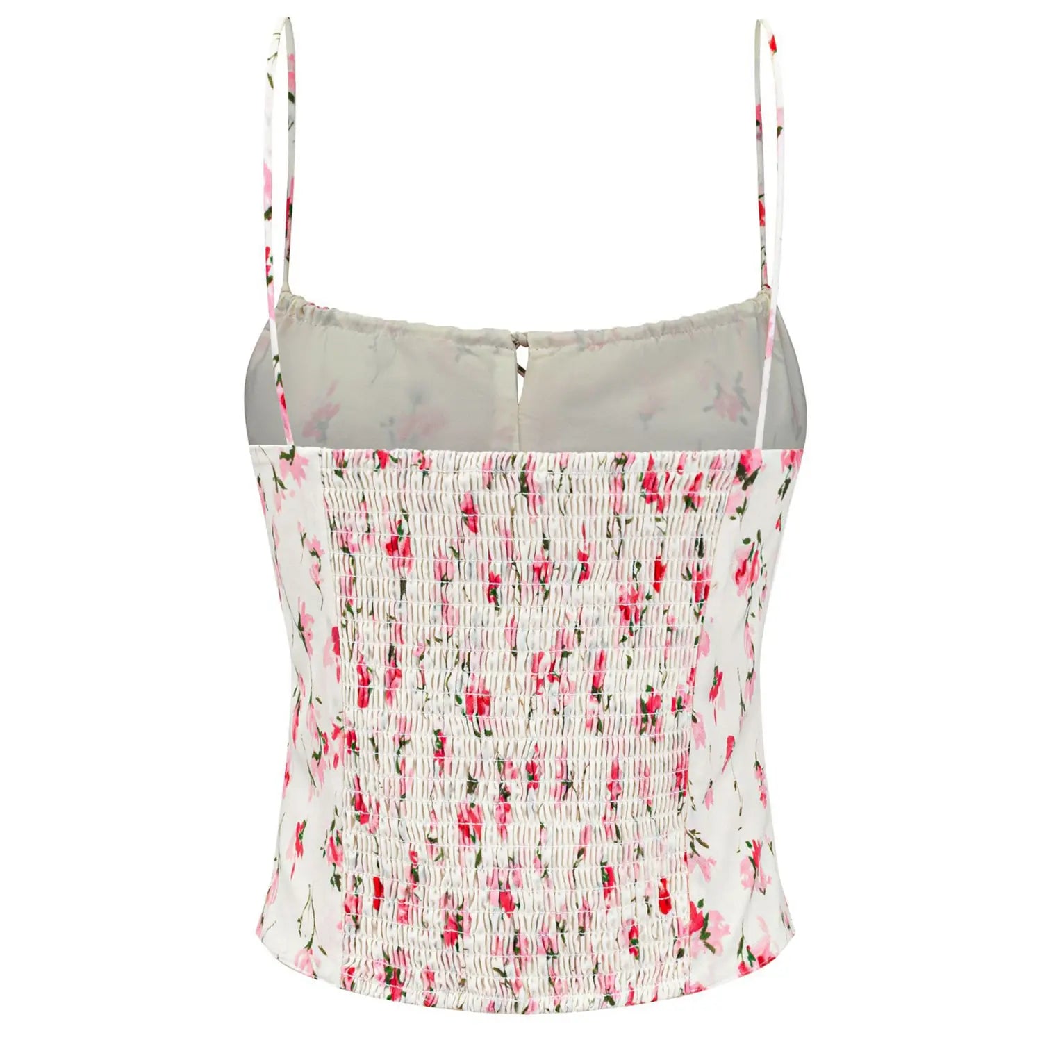 Pink floral cami bust flat close-up, drawstring gathered bust stitching watercolor flower printed chiffon fabric detail