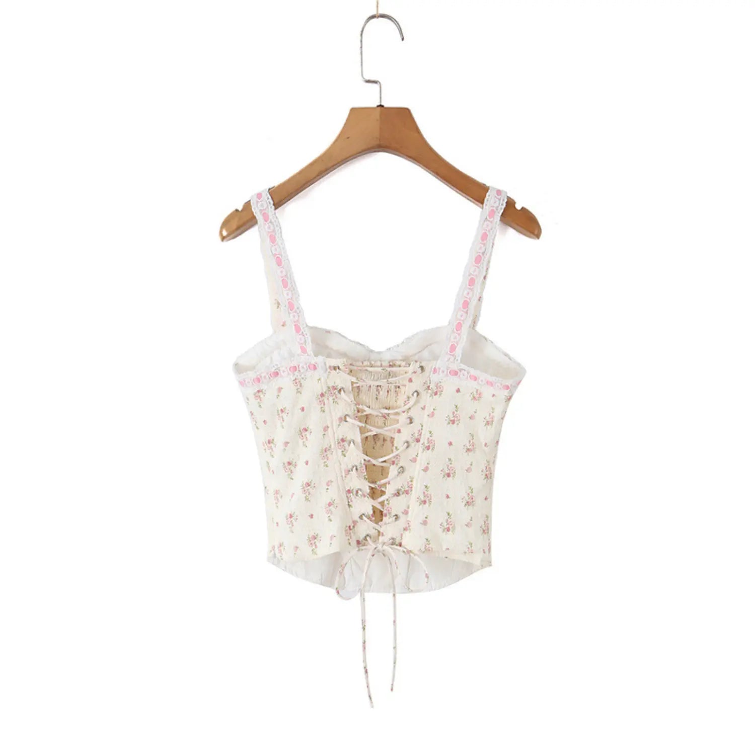 Style view on white background of the floral print corset-style camisole top, back with lace-up corset closure
