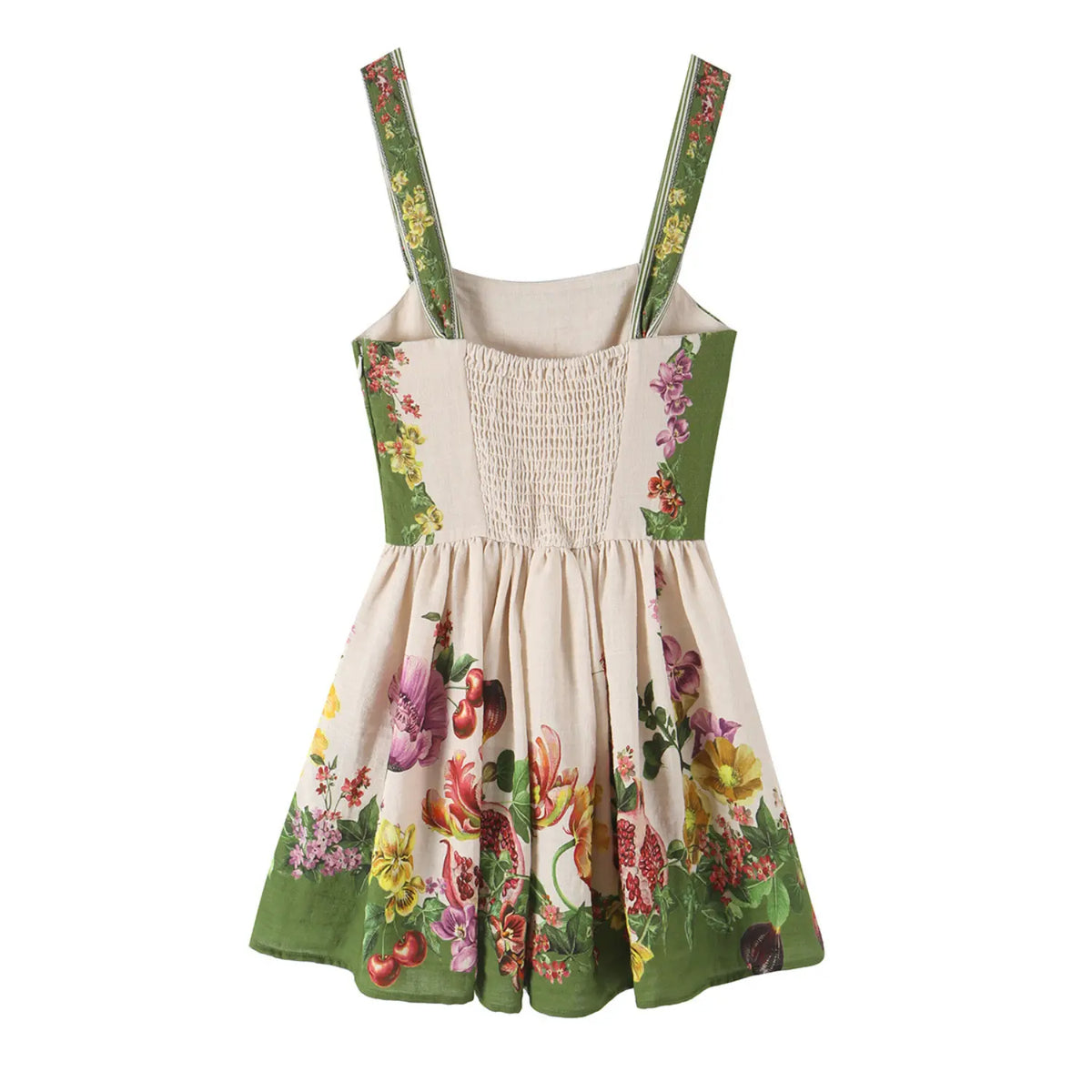 Back flat lay of floral cherry print square neck cami mini dress