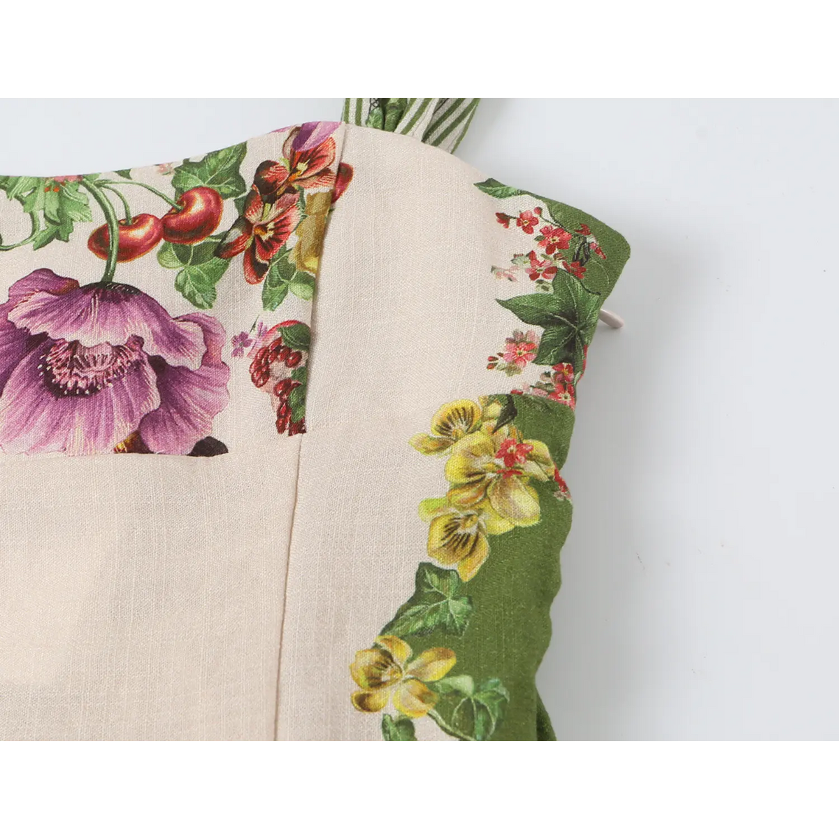 Close-up of corset bodice side seam and print