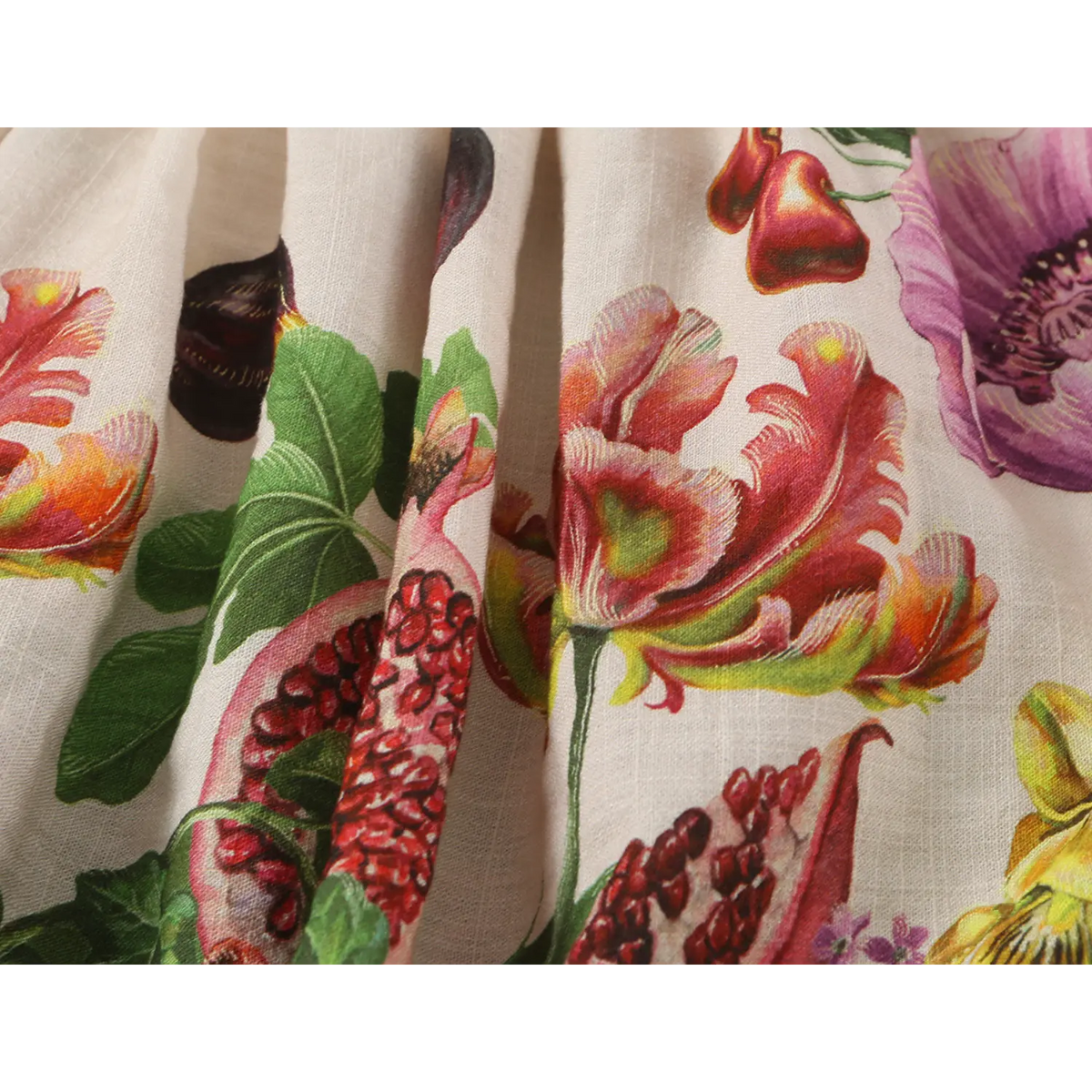 Close-up of linen fabric and floral print