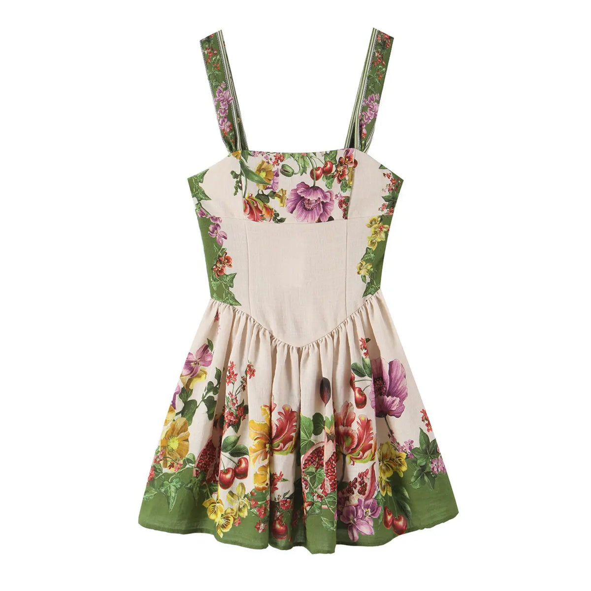 Front flat lay of floral cherry print square neck cami mini dress
