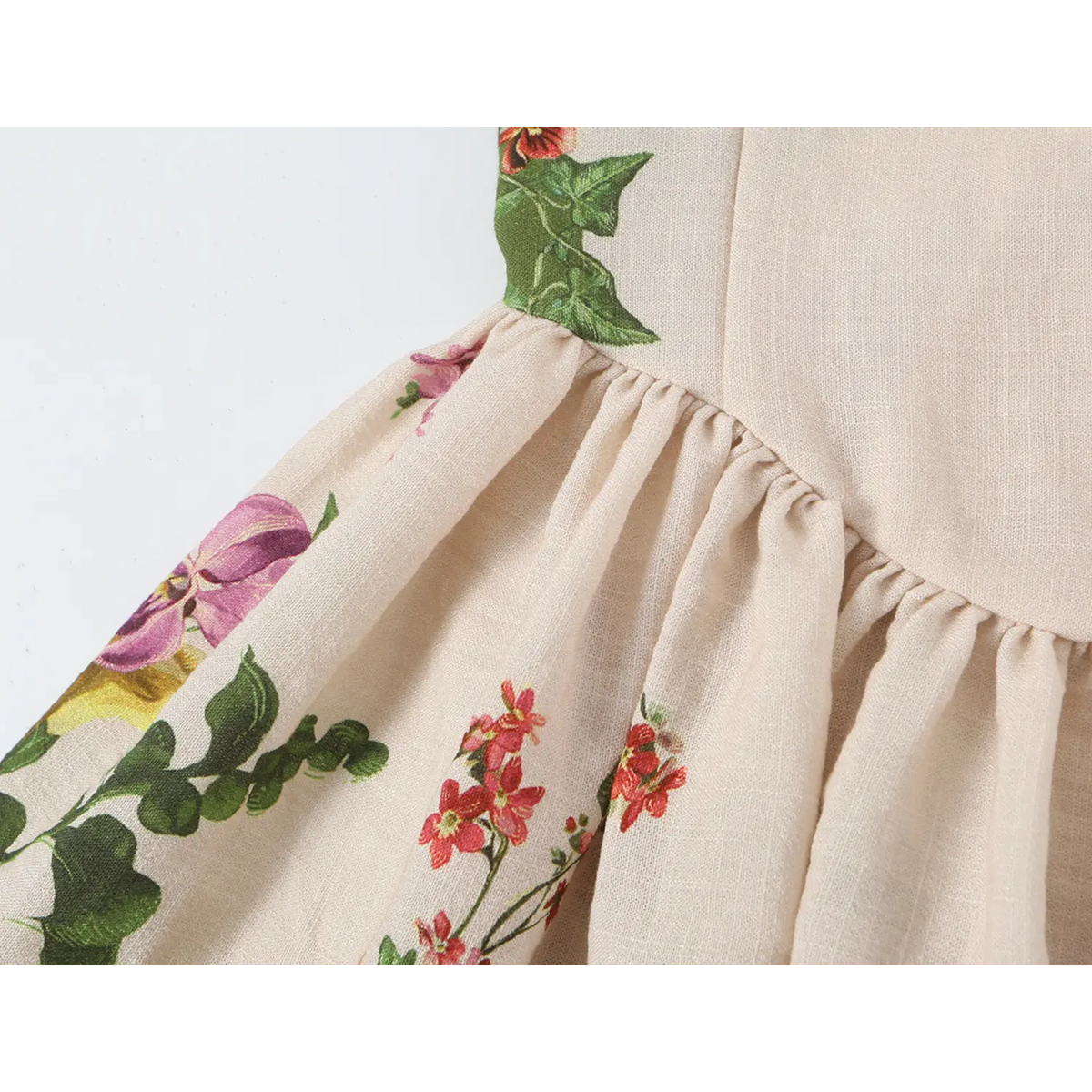 Close-up of gathered skirt detail
