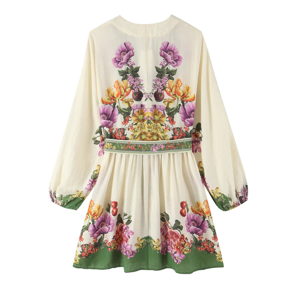 Back flat lay of floral cherry print V neck belted long sleeve mini dress