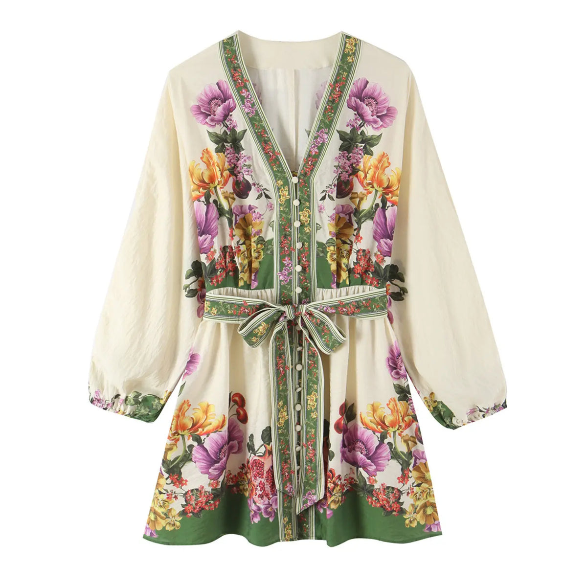Front flat lay of floral cherry print V neck belted long sleeve mini dress