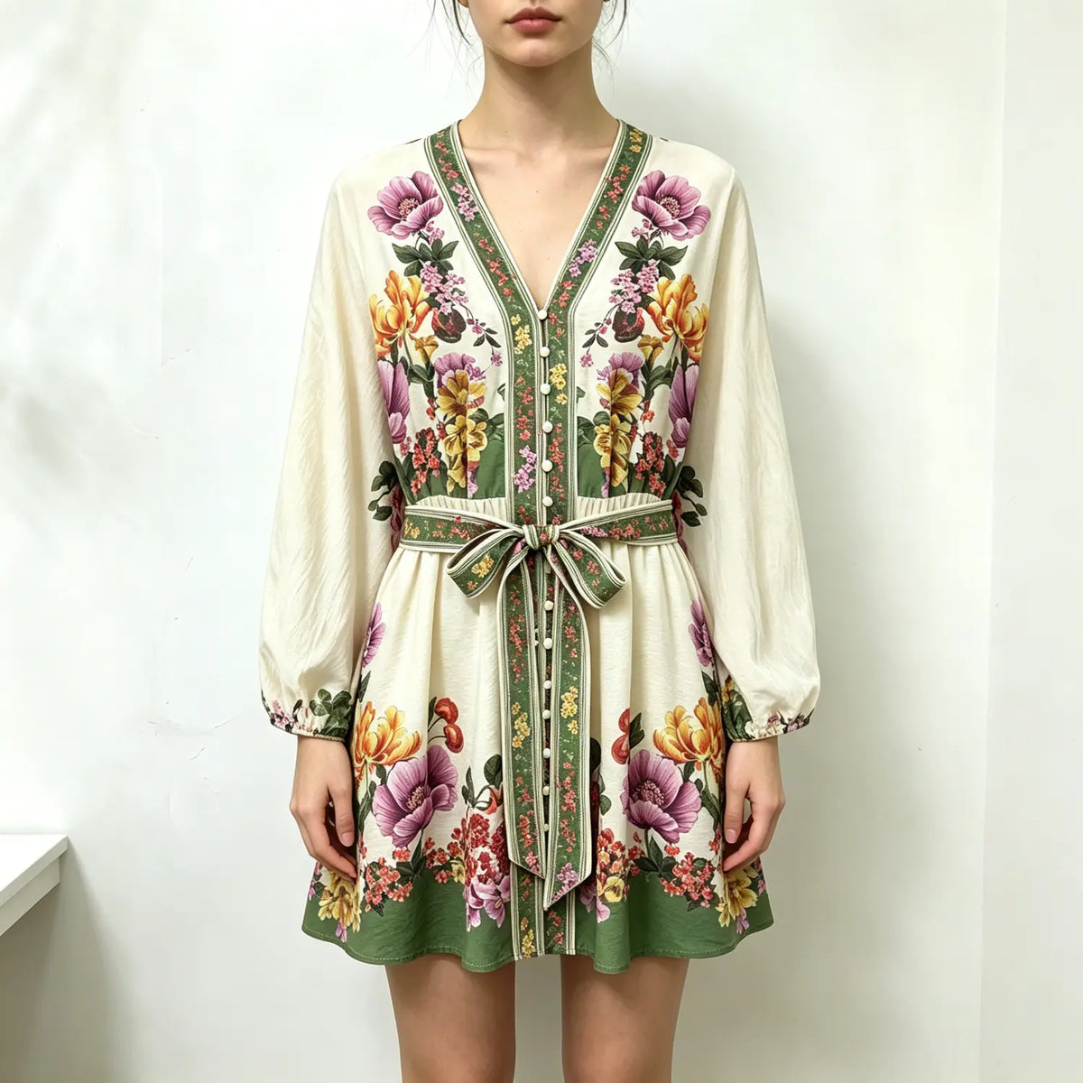 Model wearing floral cherry print V neck belted long sleeve mini dress
