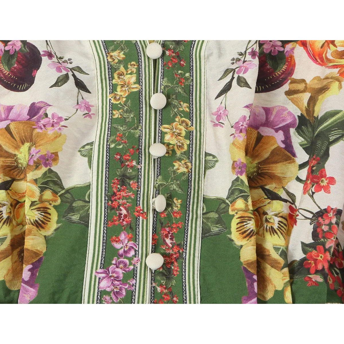 Close-up of button placket and green trim