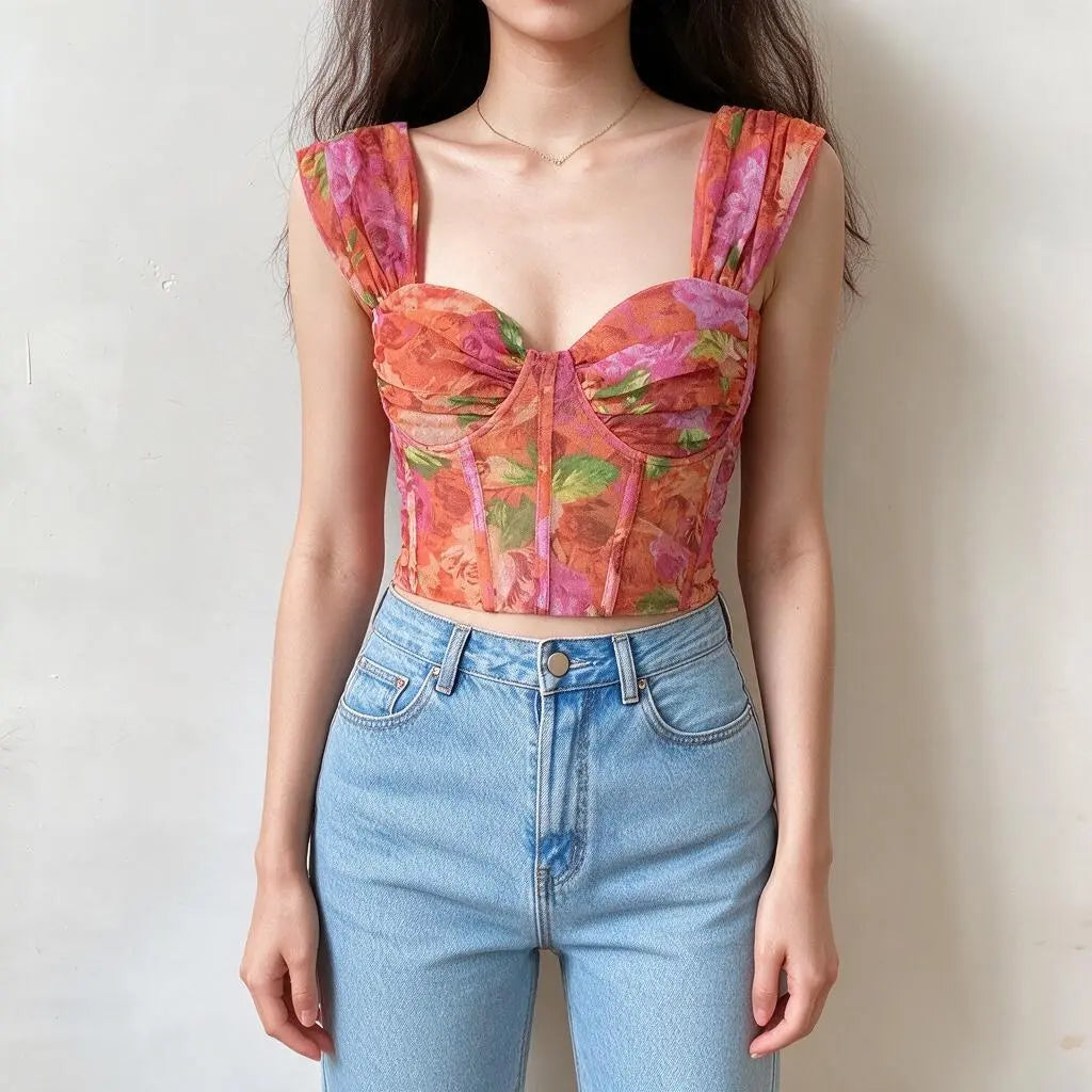 Orange pink rose floral print corset crop top, wide shoulder straps, bustier structured design