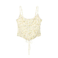 Overall back display of pale yellow floral corset top featuring lace trim and lace-up closure.