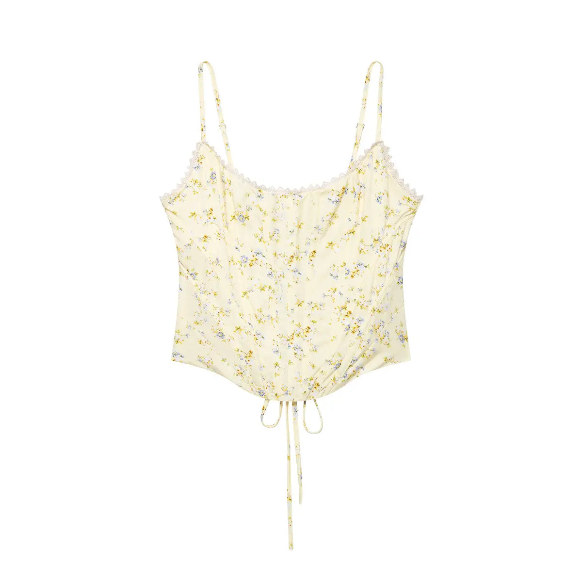 Overall back display of pale yellow floral corset top featuring lace trim and lace-up closure.