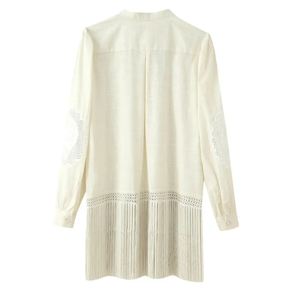 Floral cutwork fringe stand collar tunic blouse, back flat lay