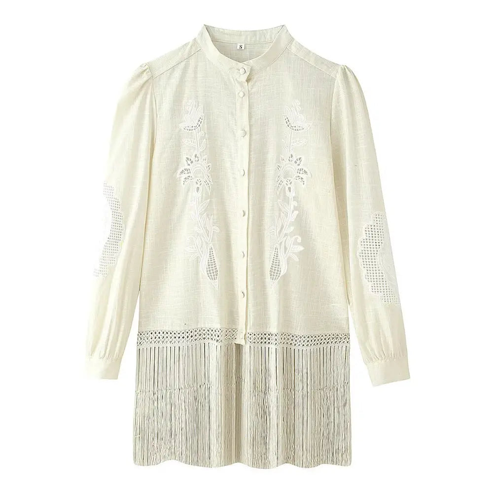 Floral cutwork fringe stand collar tunic blouse, front flat lay