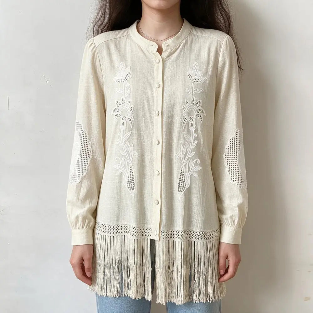 Model wearing floral cutwork fringe stand collar tunic blouse, front view