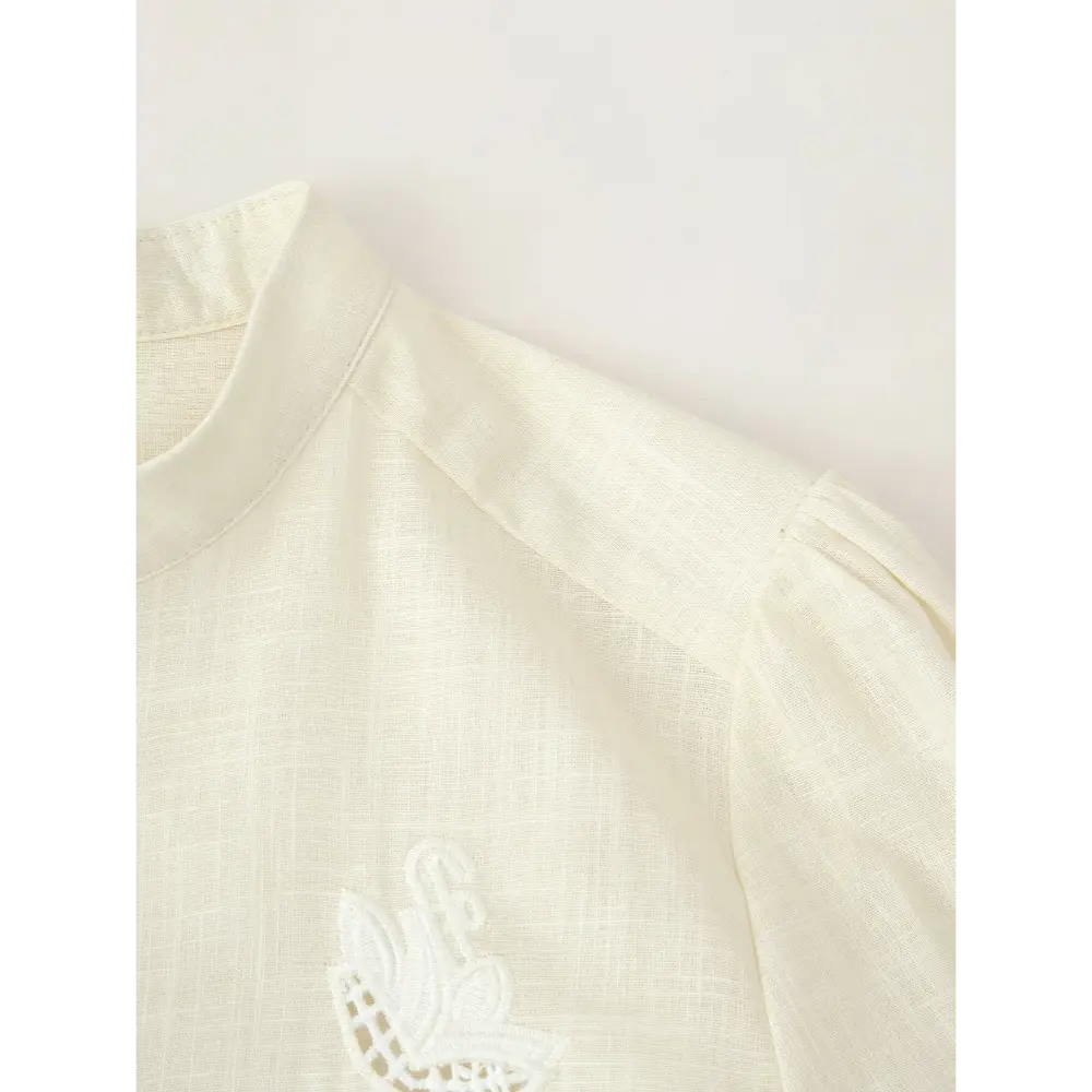 Close-up of puff shoulder and floral cutwork embroidery