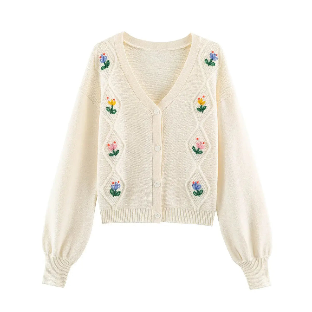 Cream floral embroidered diamond knit cardigan, front flat lay