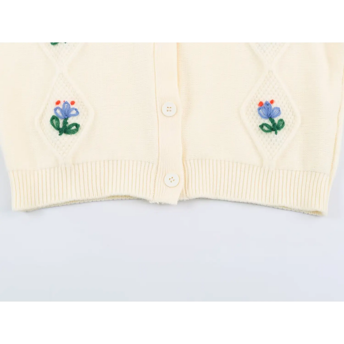 Close-up of ribbed hem and front buttons