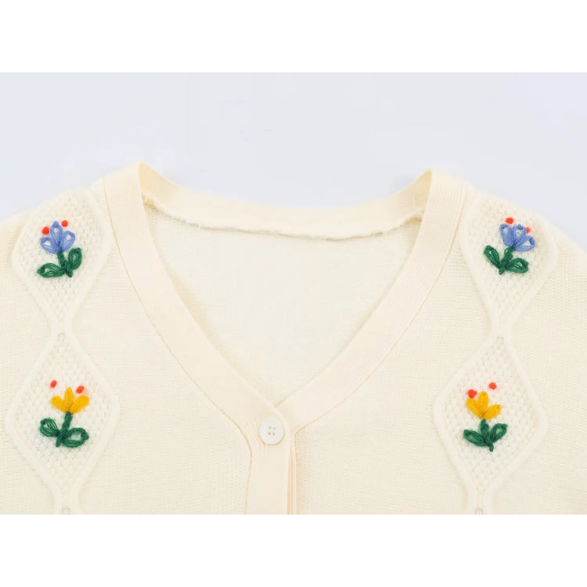 Close-up of V neckline and shoulder flower embroidery