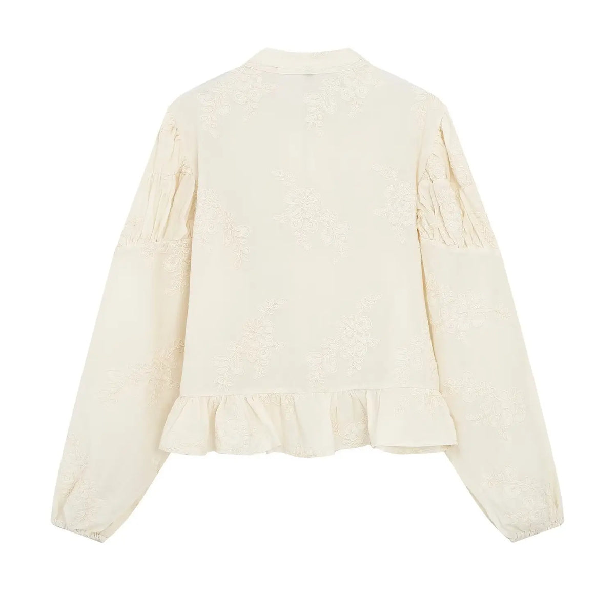 Floral embroidered frog button stand collar blouse, back flat lay