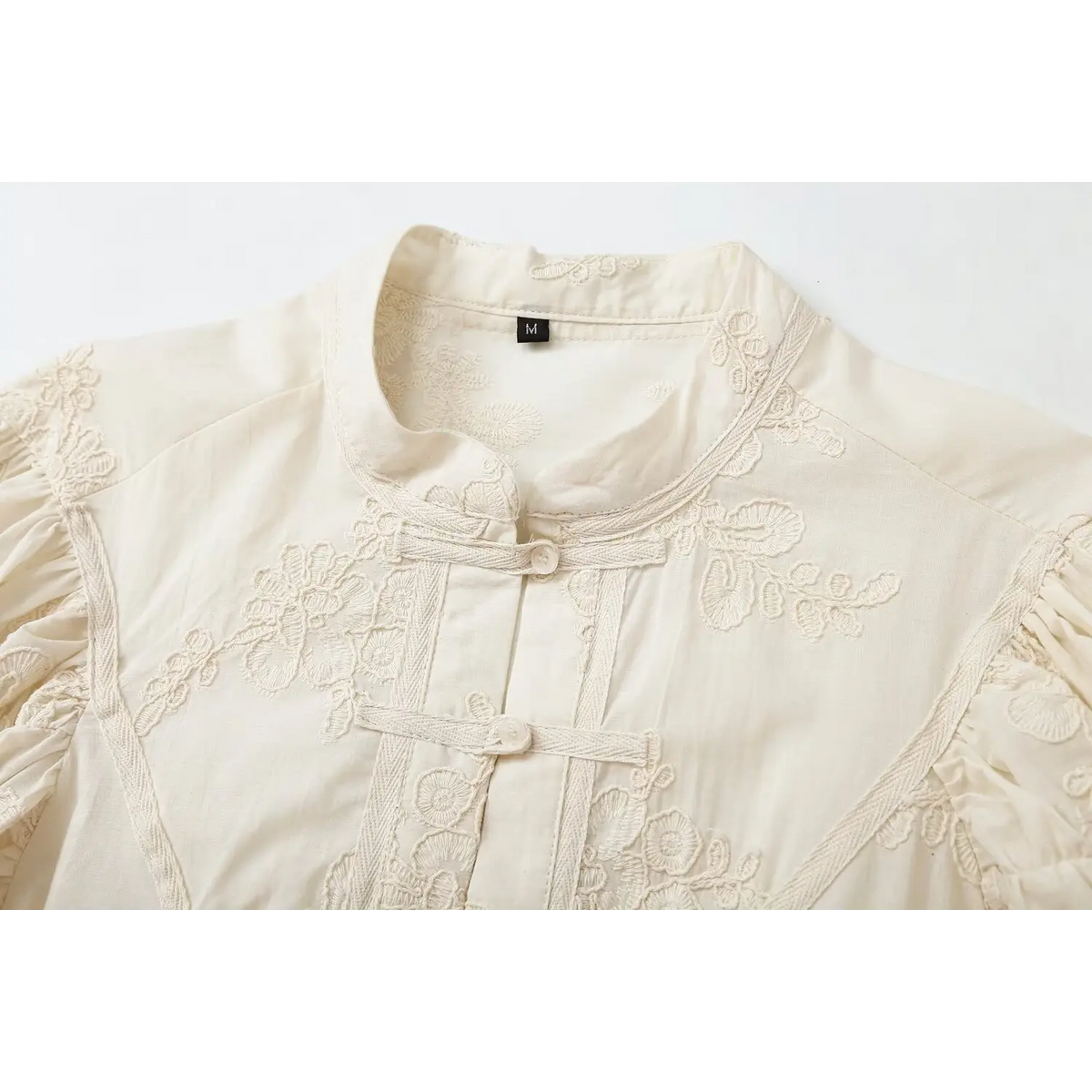 Close-up of stand collar and frog buttons