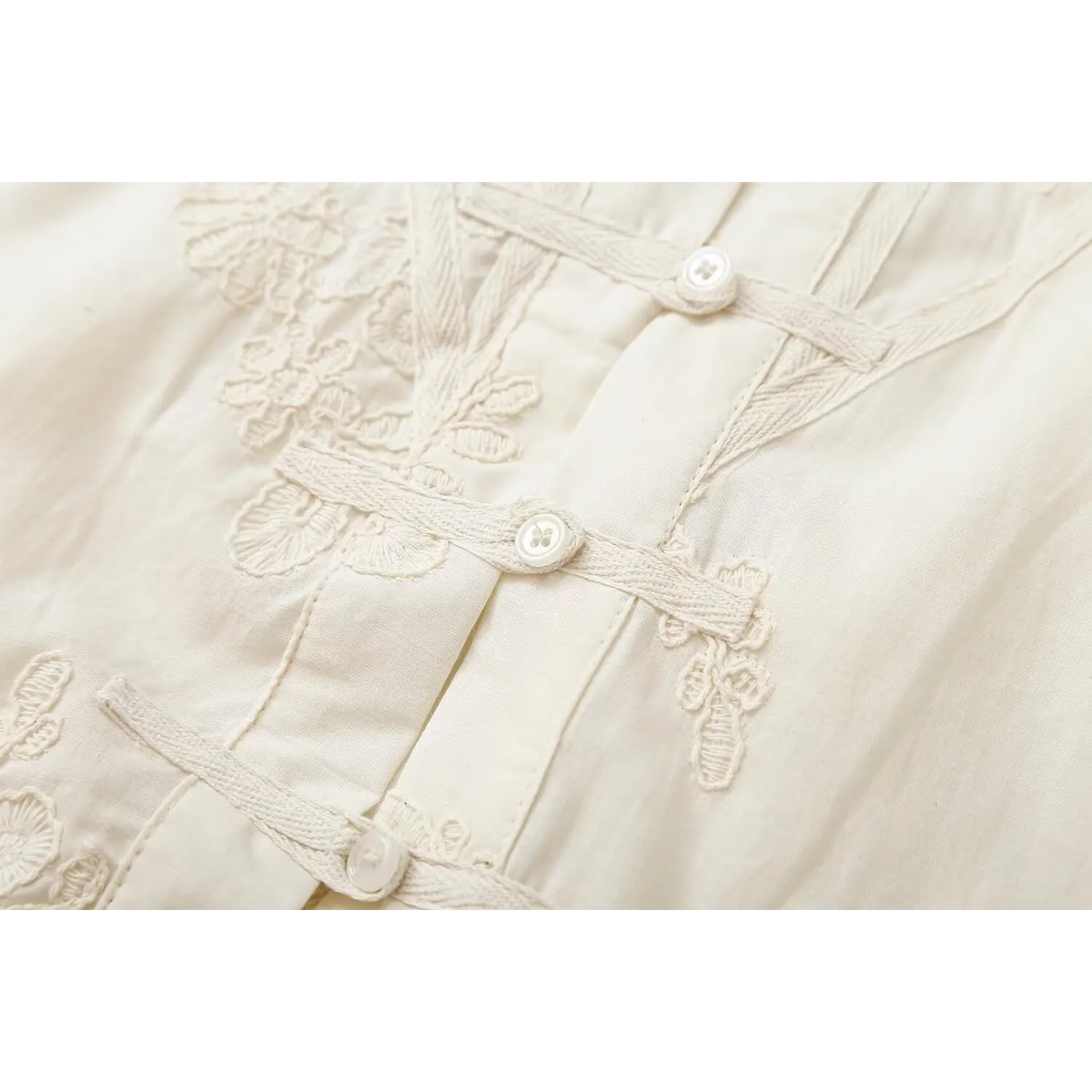 Close-up of front placket frog buttons
