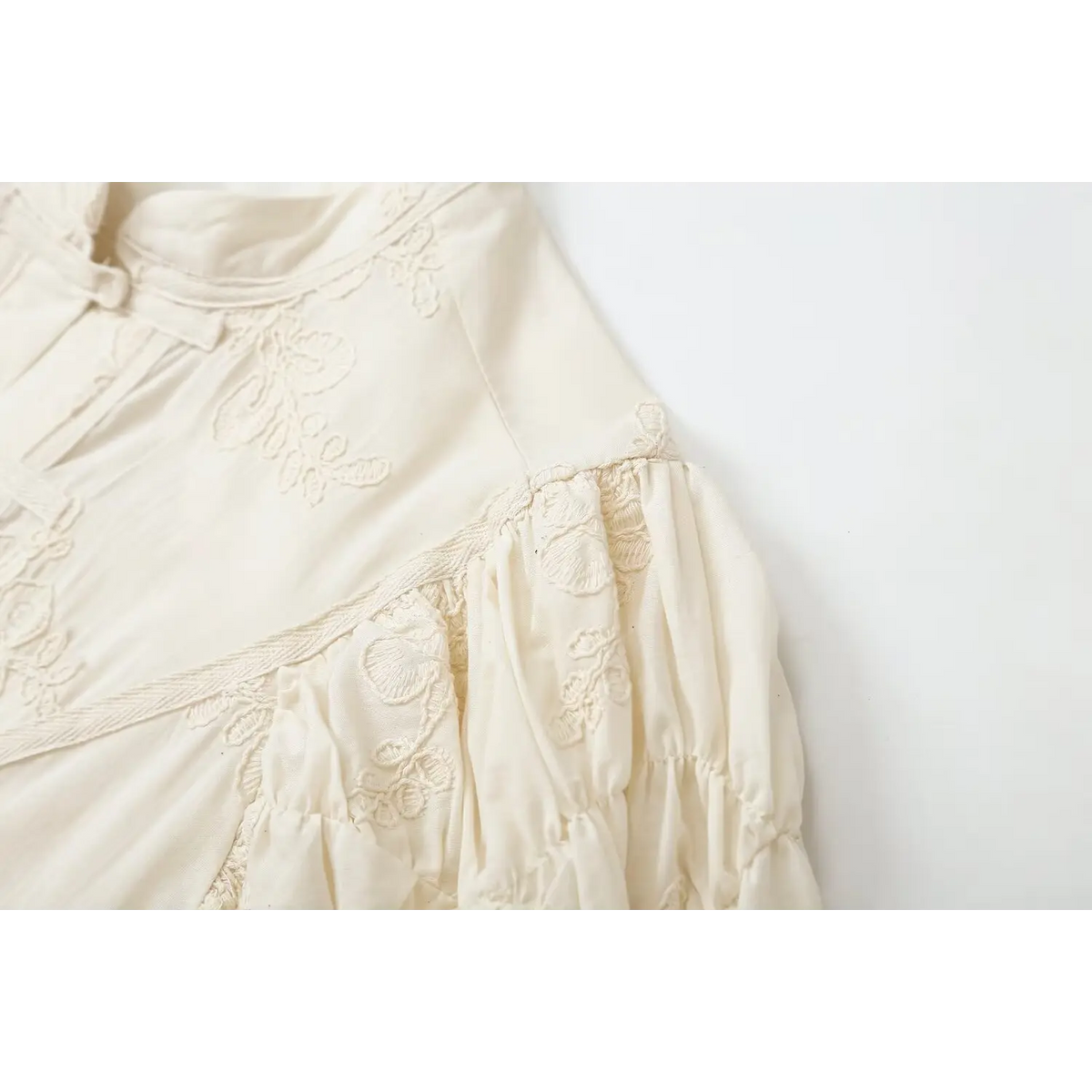 Close-up of shoulder piping and puff sleeve