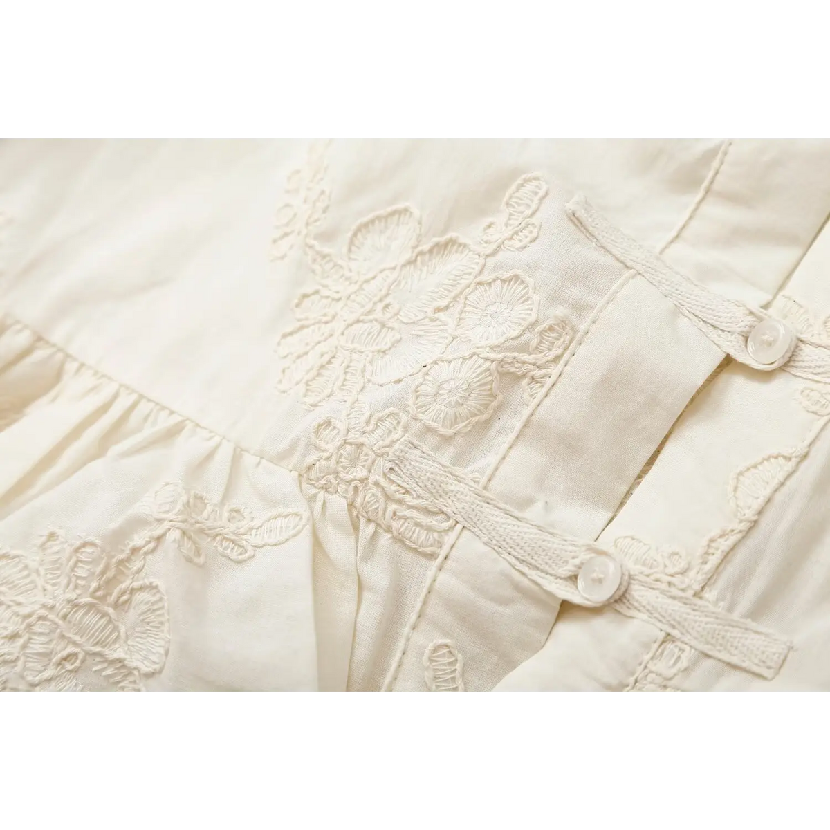 Close-up of waist seam and ruffle attachment