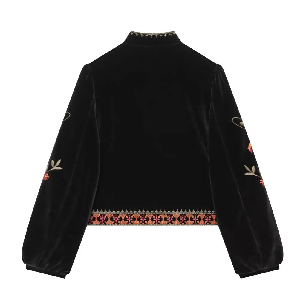 Floral embroidered stand collar velvet jacket, back flat lay