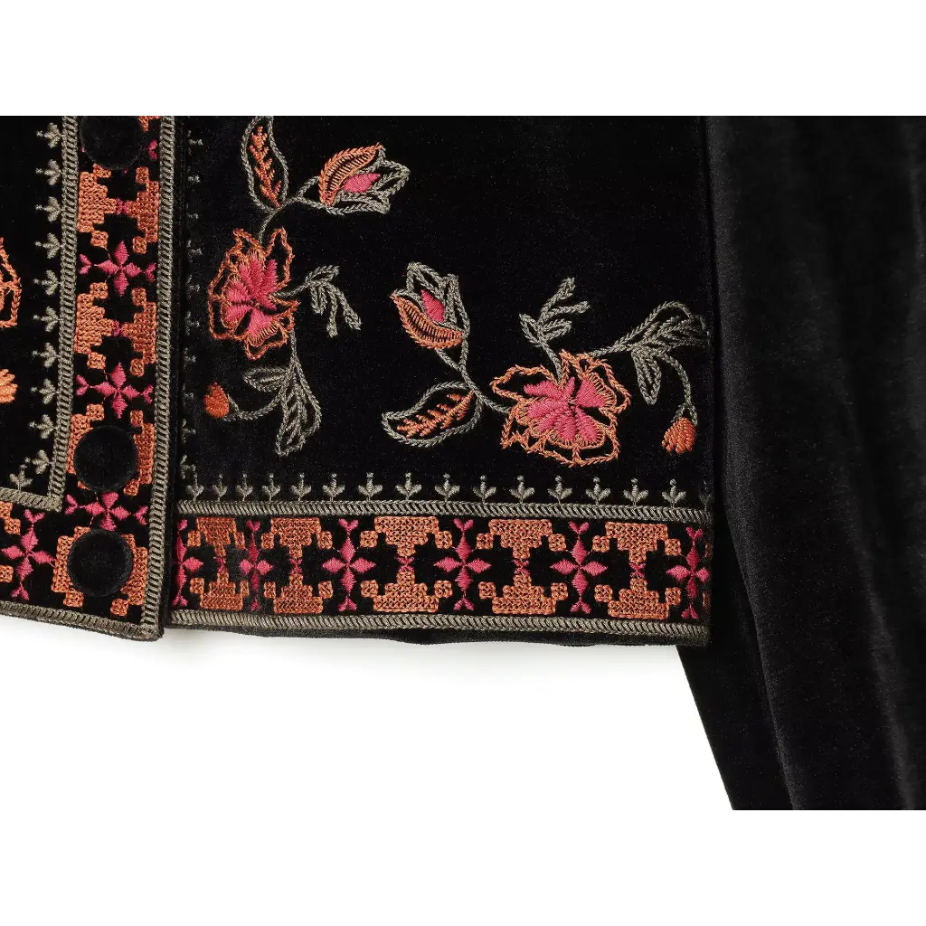 Close-up of geometric hem trim and velvet buttons