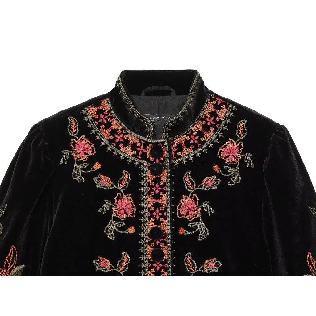 Close-up of stand collar, button placket and floral embroidery