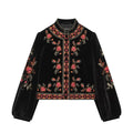 Floral embroidered stand collar velvet jacket, front flat lay
