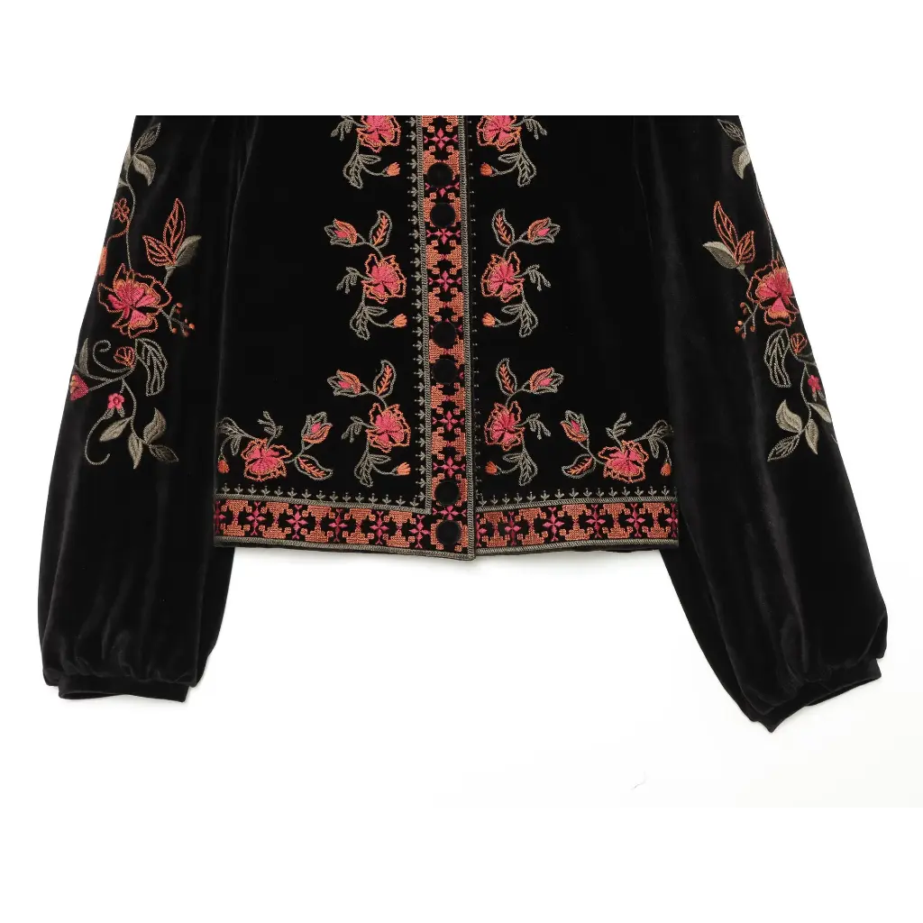 Close-up of embroidered hem and button placket flat lay