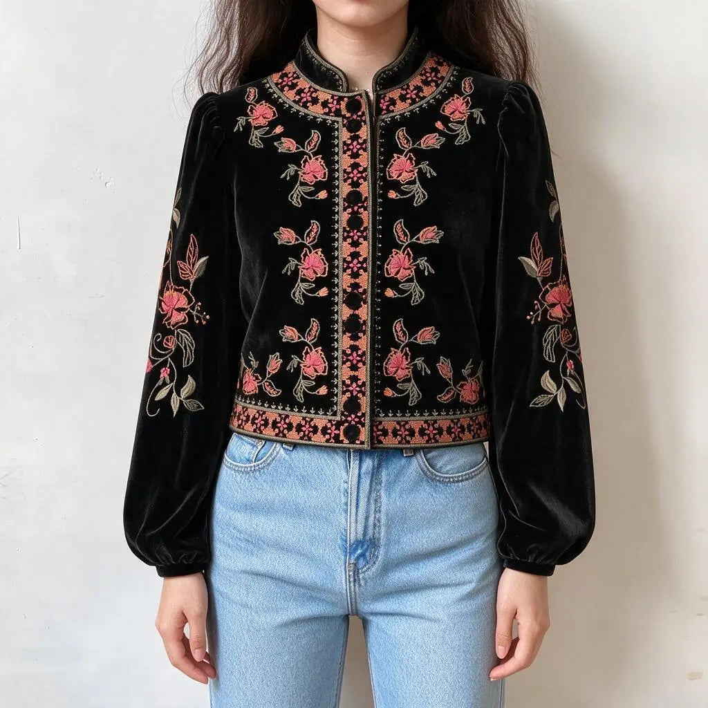 Model wearing floral embroidered stand collar velvet jacket, front view