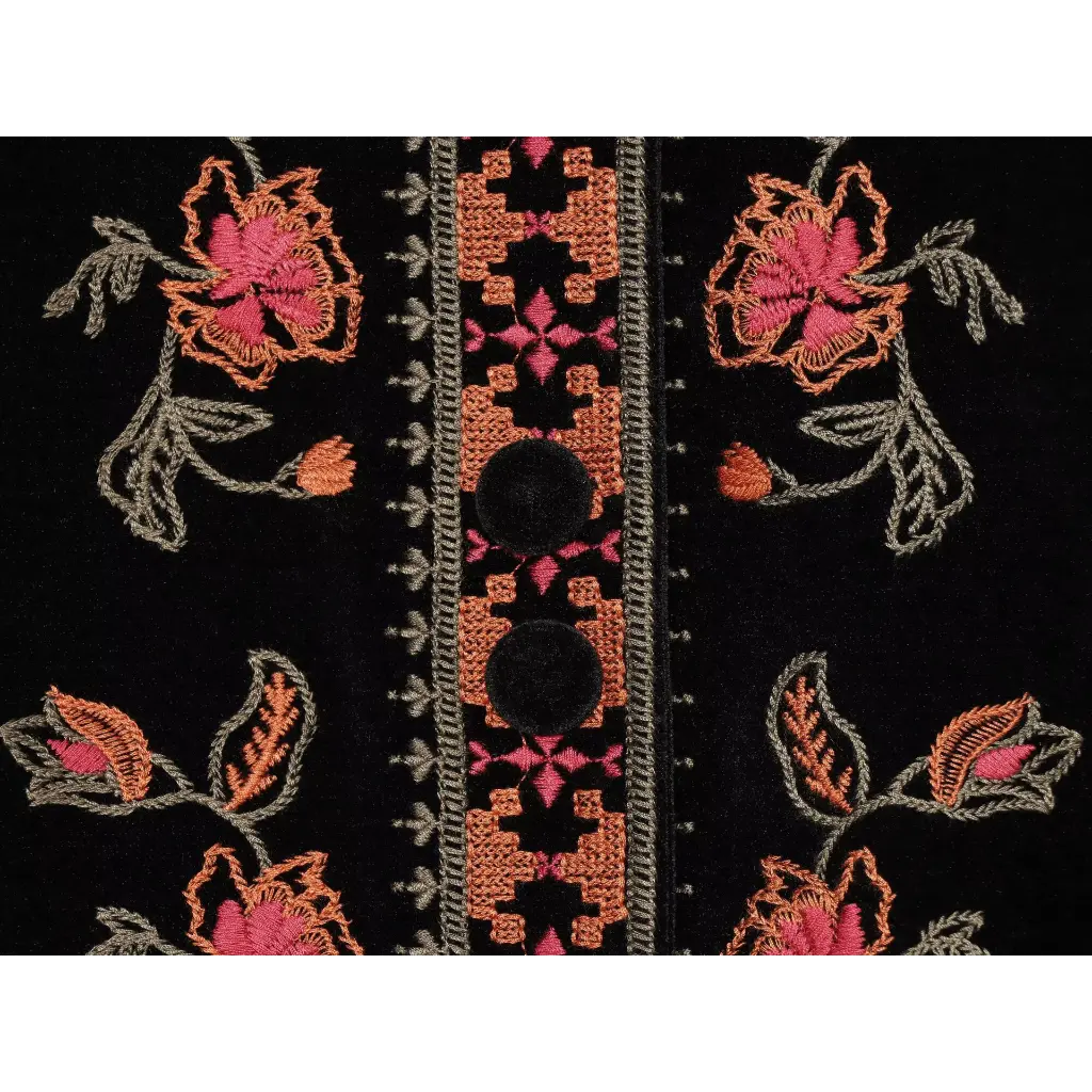 Close-up of geometric placket trim and velvet buttons