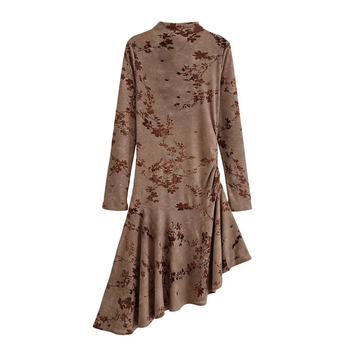 Floral flocked mock neck asymmetric dress, back flat lay