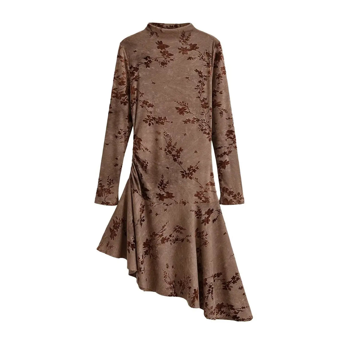 Floral flocked mock neck asymmetric dress, front flat lay