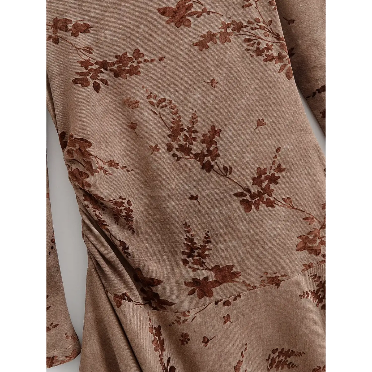 Close-up of side ruching and floral fabric