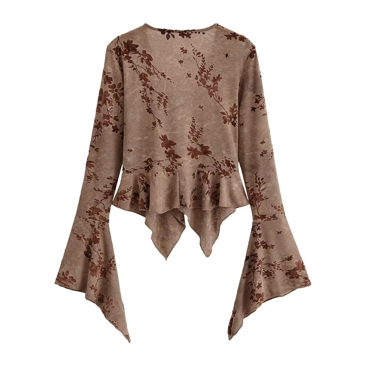 Floral flocked V neck ruched bell sleeve top, back flat lay