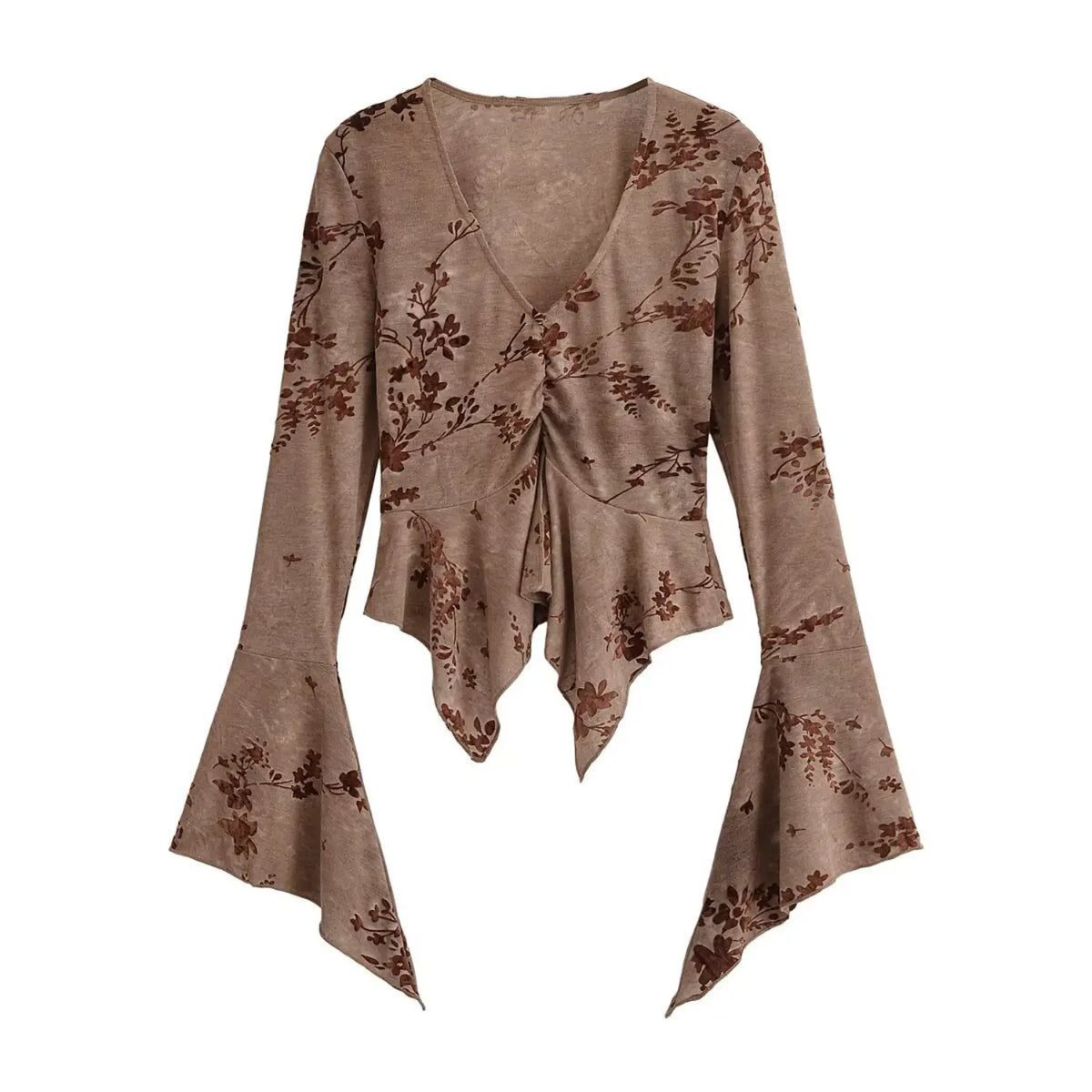 Floral flocked V neck ruched bell sleeve top, front flat lay